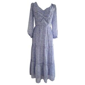 Sincerely Jules Blue Floral Smocked Tiered Maxi Dress XS Cottagecore Boho Puffy